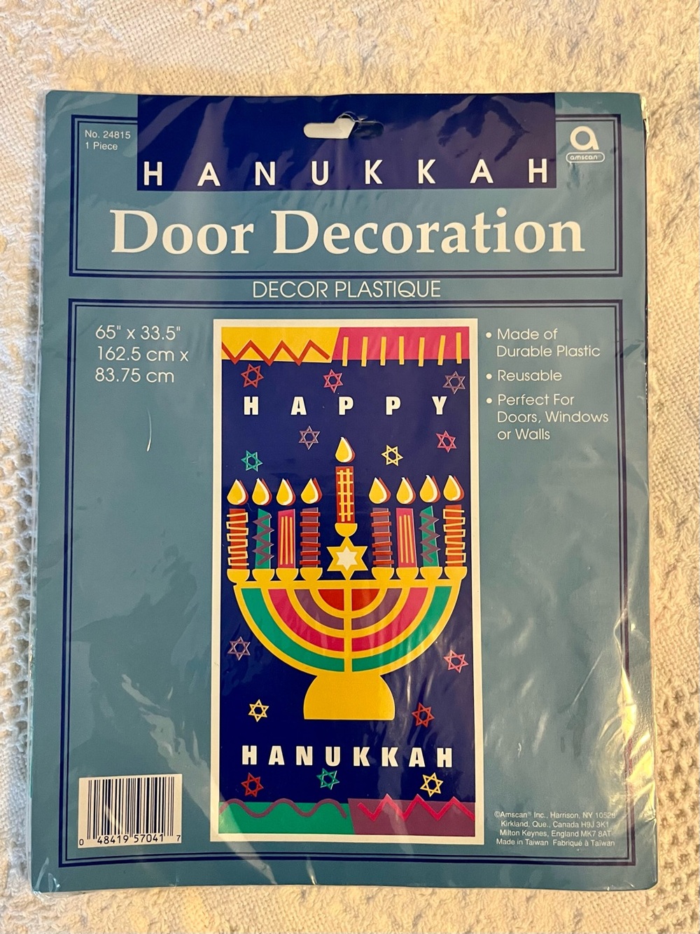 Bright Blue & Yellow Hanukkah Door Decoration with Multicolor Menorah Graphic